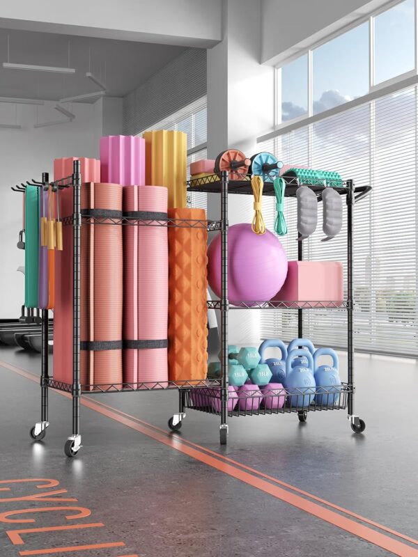 SINGAYE Dumbbell Rack Stand Only Yoga Mat Storage, Gym Equipment Storage, Cart for Organizing Workout Room, Home Gym Storage with Hooks and Wheels Black - Image 9