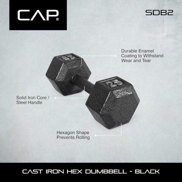 CAP Barbell Black Cast Iron Hex Dumbbell | 5-120 LBs | Single or Pair - Image 6