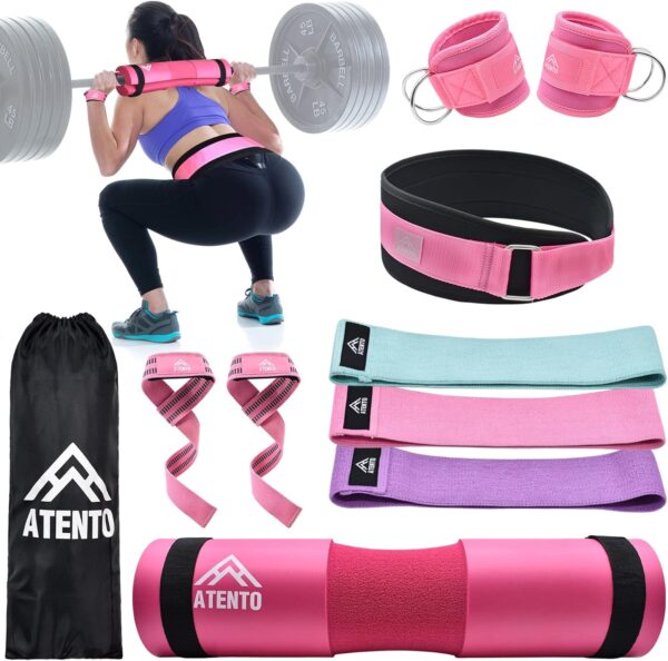 ATENTO 6 Pcs Barbell Pad Set with Weight Lifting Belt, Thick Cushion Hip Thrust Pad for Bench Press, Lunges, Workout, Leg Exercise, Squat Bar Pad for Relief Pressure from Neck & Shoulder for Smith machine & Olympic Bars, with 2 Gym Ankle Straps, Hip Resistance Band, Carry Bag
