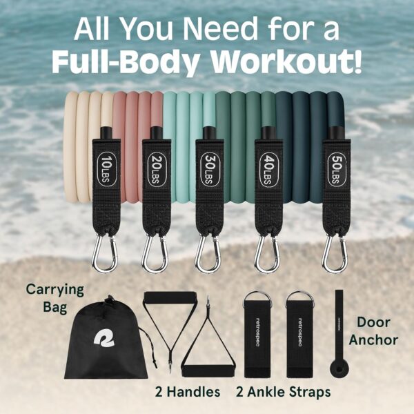 Retrospec Train Resistance Bands Set (5pc) Workout Bands w/Handles, Door Anchor, Carry Bag for Women & Men - Image 2