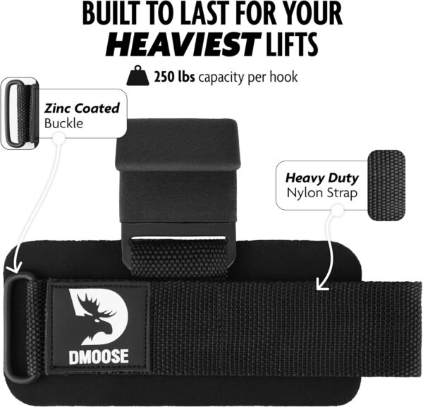 DMoose Fitness Weight Lifting Hooks for Men & Women (Pair) - 8 mm Thick Wrist Padding - Weight Grips for Powerlifting, Shrugs, Rows & Deadlift Support - Gym Lifting Straps with Pull Up Hooks - Image 4
