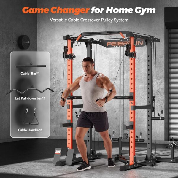 FEIERDUN Multi-Function Squat Rack Power Cage FLA01,2000LBS Capacity Power Rack with Adjustable Cable Crossover System and Additional Attachments, Ideal Weight Cage for Home Gym & Garage Workouts - Image 3