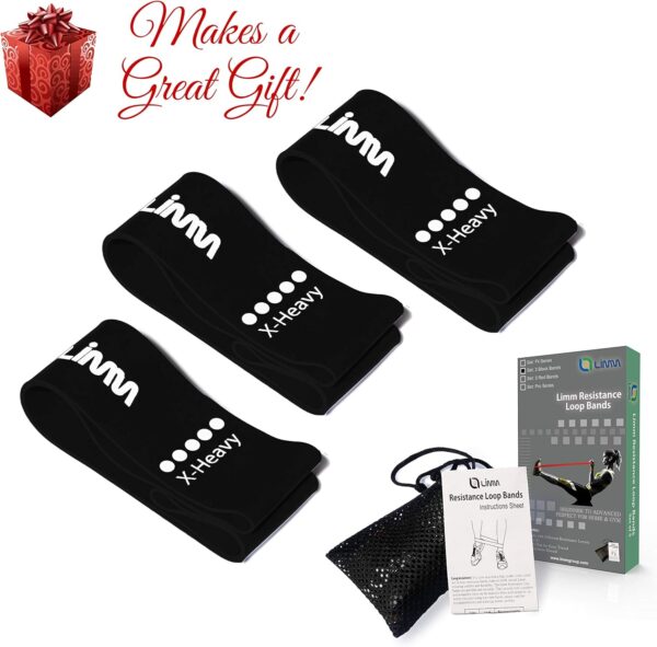 Limm Resistance Loop Exercise Bands - Set of 3 Bands for Working Out with Instruction Guide & Carry Bag - Mini Resistance Bands for Home Workouts, 12" x 2" - Image 4