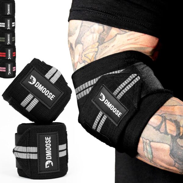 DMoose Fitness Elbow Wraps for Weightlifting (Pair) - 40'' Adjustable Elbow Strap for Gym Workout & Bench Press, Compression Elbow Wraps for Tendonitis & Joint Support, Elbow Sleeve Weightlifting Wrap
