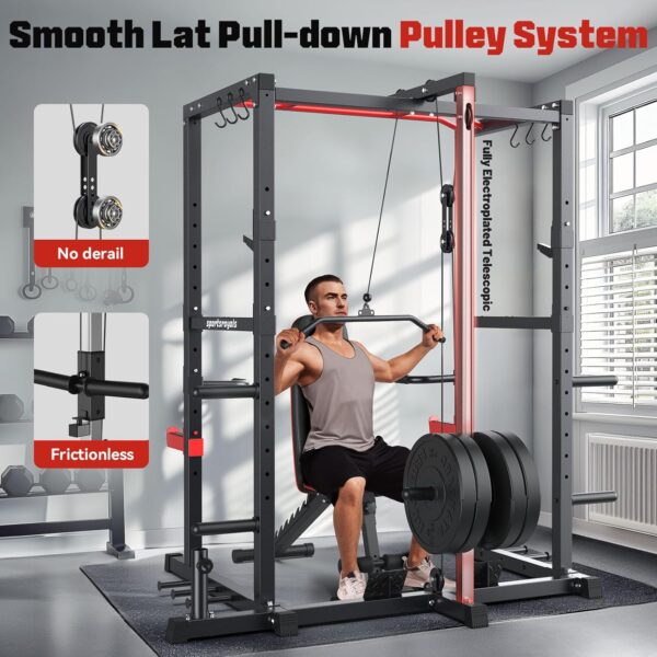 Sportsroyals Power Rack, Multi-Functional Power Cage with LAT Pulldown Pulley System, Squat Rack with More Training Attachments for Home Gym (Red)，1200 lbs Weight Capacity - Image 3