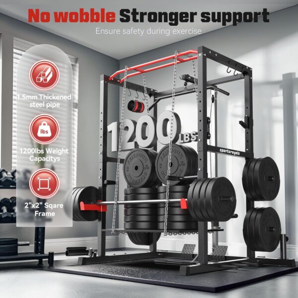 Sportsroyals Power Rack, Multi-Functional Power Cage with LAT Pulldown Pulley System, Squat Rack with More Training Attachments for Home Gym (Red)，1200 lbs Weight Capacity - Image 2