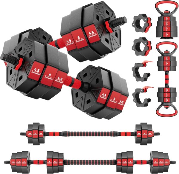 BIERDORF Adjustable Weights Dumbbells Set 50LB/60LB/80LB with 2 Adjustable Kettlebell and 4 Barbell Clips Free Weights Dumbbells Set 4 In 1 Used as Kettlebell Barbell Dumbbell Push Up Bar for Home Gym