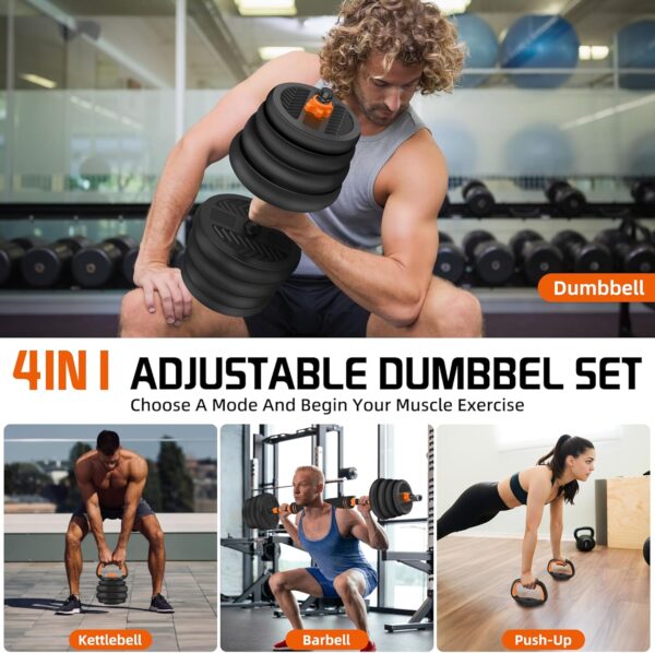 4 in 1 Adjustable Dumbbell Set with Connecting Rod Used as Barbell, Kettlebells, Push up Stand, Fitness Exercises for Home Gym, Orange - 20/30/50 Pounds - Image 2