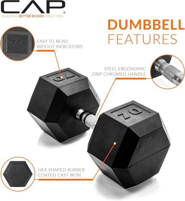 CAP Barbell 70 LB Coated Hex Dumbbell Weight, New Edition (SDRIS-70) - Image 3