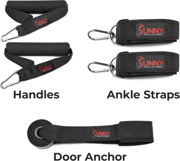 Sunny Health & Fitness Premium Resistance Band Set with Door Anchors, Wrist Straps, Handles Carry Bag Optional Padded Ankle Straps (Pair) for Strength Training, Booty Workout, Lower Body Exercises - Image 3