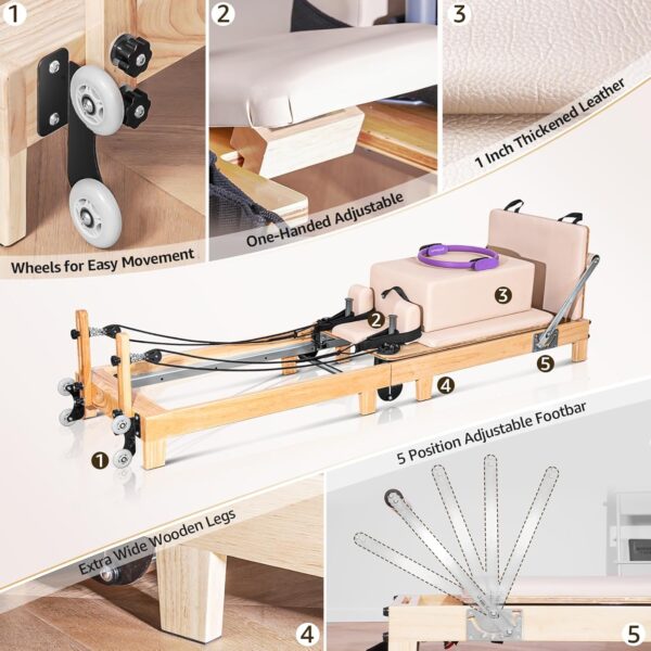 Pilates Reformer Machine, Foldable Studio Grade Pilates Equipment for Gym and Home Workout, Oak Wood Pilates Reformer with Reformer Accessories,Pilates Box, Padded Jump Board - Image 3