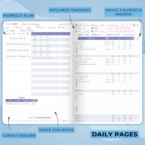 Clever Fox Fitness & Food Journal – Nutrition & Workout Planner for Women & Men – Diet & Gym Exercise Log Book with Calendars, Diet & Training Trackers - Undated, A5 Size, Hardcover (Light Blue) - Image 5