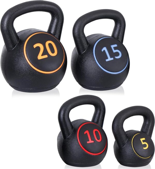 4-Piece Wide Grip Kettlebell Set, Strength Training kettlebells, 5 lbs 10 lbs 15 lbs and 20 lbs, Exercise Fitness Concrete Weight, Full Body HIIT Workout - Image 8