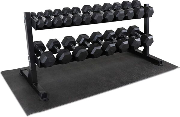 WF Athletic Supply Rubber Coated Hex Dumbbell Set, Multiple Choices Available - Dumbbells with Rack Stand and Mat, or Dumbbells Only (200/550/1200/2100/3000 LB)