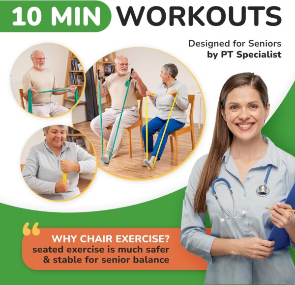 Chair Exercises for Seniors - Two Resistance Bands, Handles, and Printed Exercise Guide. Adjustable Fitness Equipment for Seniors, Elderly Home. Occupational & Physical Therapy Aids - Image 4