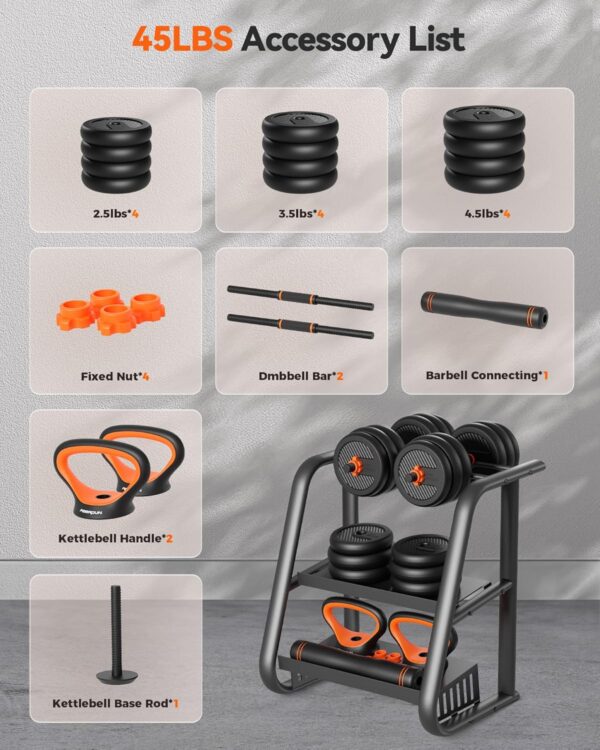 FEIERDUN Adjustable Dumbbells, 20/30/40/45/70/90lbs Free Weight Set with Connector, 5 in1 Dumbbells Set Used as Barbell, Kettlebells, Push up Stand, Weight Plate, Fitness Exercises for Home Gym Suitable Men/Women - Image 8