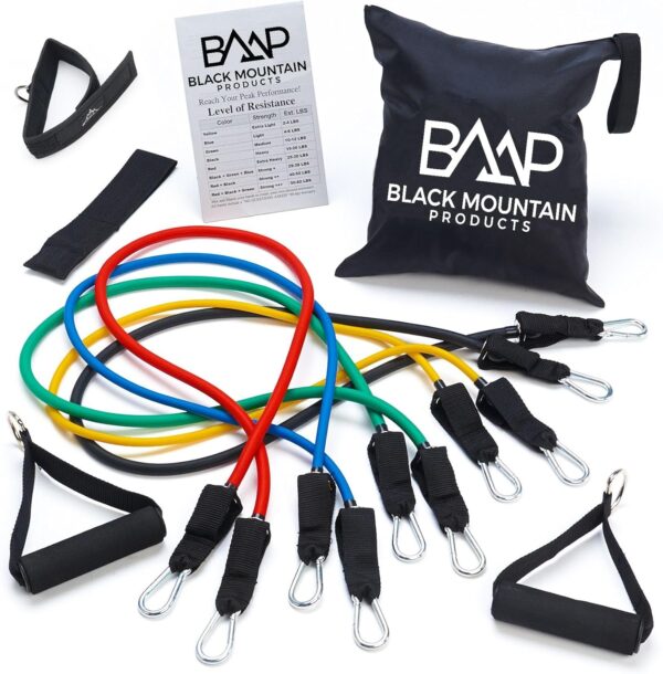 Black Mountain Products Resistance Band Set with Door Anchor, Ankle Strap, Exercise Chart, and Carrying Case, 48"