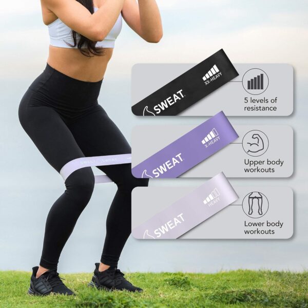 Sweet Sweat Mini Loop Resistance Bands - Set of 5 | Exercise Hip Booty Bands for Squats, Lunges, Physical Therapy, Yoga, Pilates, Rehab and Home Workout | Non-Latex Elastic Bands Includes Carry-Bag - Image 5