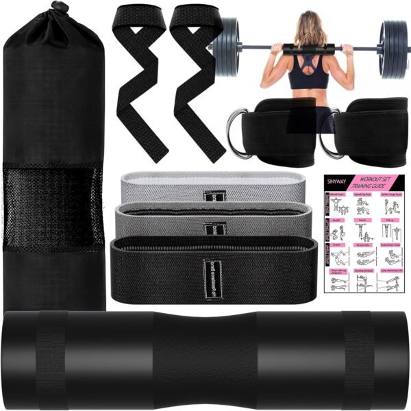 Barbell Pad Set for Squat,9 PCS Hip Thrusts Workout Foam Weight Lifting Bar Cushion with 2 Gym Ankle Straps,3 Hip Resistance Bands,2 Lifting Strap,Barbell Pad and Carry Bag