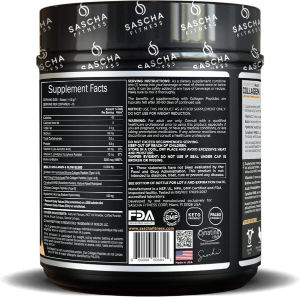SASCHA FITNESS Hydrolyzed Multi Collagen Peptides Tipes 1,2 & 3 |Hyaluronic Acid|Biotin |Cynatine HSN|Vitamin C & E |for Hairs, Skin & Bone Support|Caramel Macchiato - Image 4