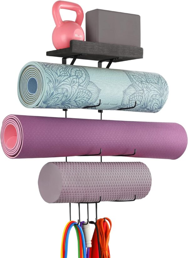 VINAEMO Yoga Mat Holder Accessories Wall Mount Organizer Storage Decor Foam Roller and Towel Storage Rack with 4 Hooks and Wooden Shelves Yoga Mats Rack Resistance Bands for Home Gym School Office