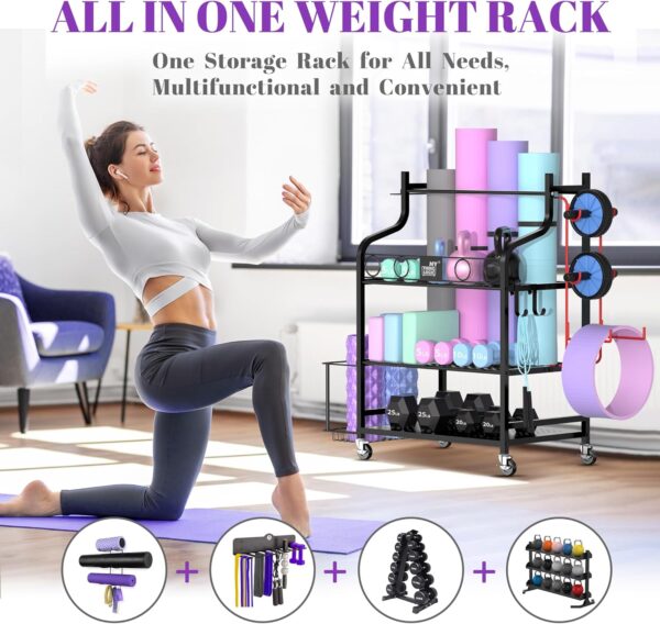 Mythinglogic Yoga Mat Storage Racks,Home Gym Storage Rack for Dumbbells Kettlebells Foam Roller, Yoga Strap and Resistance Bands, Workout Equipment Storage Organizer With Hooks and Wheels - Image 8