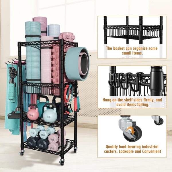S1 Home Gym Storage, 3-Tier Workout Equipment Organizer with Wheels for Yoga Mats, Foam Roller, Dumbbells, Kettlebells, and Resistance Bands, 47.4" H x 27.5" L x 11.8" D, Black - Image 2