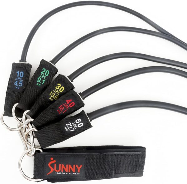 Sunny Health & Fitness Premium Resistance Band Set with Door Anchors, Wrist Straps, Handles Carry Bag Optional Padded Ankle Straps (Pair) for Strength Training, Booty Workout, Lower Body Exercises - Image 6