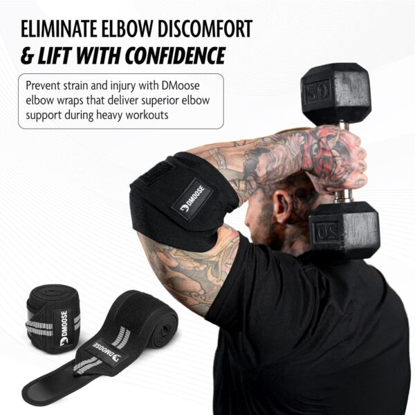 DMoose Fitness Elbow Wraps for Weightlifting (Pair) - 40'' Adjustable Elbow Strap for Gym Workout & Bench Press, Compression Elbow Wraps for Tendonitis & Joint Support, Elbow Sleeve Weightlifting Wrap - Image 2