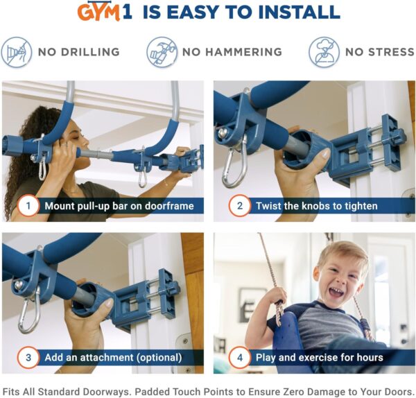 Gym1 6-Piece Doorway Gym for Kids - Includes Door Sensory Swing Indoor Pull-Up Bar for Adults, Rings, Hanging Trapeze, Ladder & Knotted Rope, Holds Up to 300 Lbs - Pull Up Bar for Doorway - Image 3