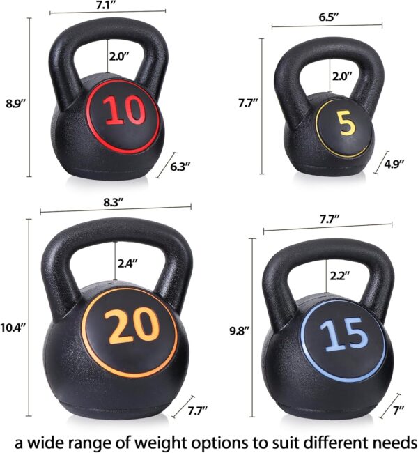 4-Piece Wide Grip Kettlebell Set, Strength Training kettlebells, 5 lbs 10 lbs 15 lbs and 20 lbs, Exercise Fitness Concrete Weight, Full Body HIIT Workout - Image 6