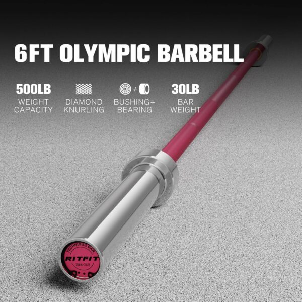 RITFIT 4ft/4.8ft/6ft Olympic Barbell for Strength and Weightlifting Training - 2 Inch Olympic Bar for Squat, Deadlift, Curl, Bench Press, Overhead Press - 350lbs/500lbs Capacity with Weight Plates - Image 2
