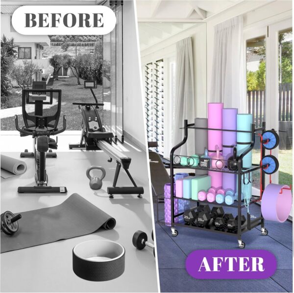 Mythinglogic Yoga Mat Storage Racks,Home Gym Storage Rack for Dumbbells Kettlebells Foam Roller, Yoga Strap and Resistance Bands, Workout Equipment Storage Organizer With Hooks and Wheels - Image 6