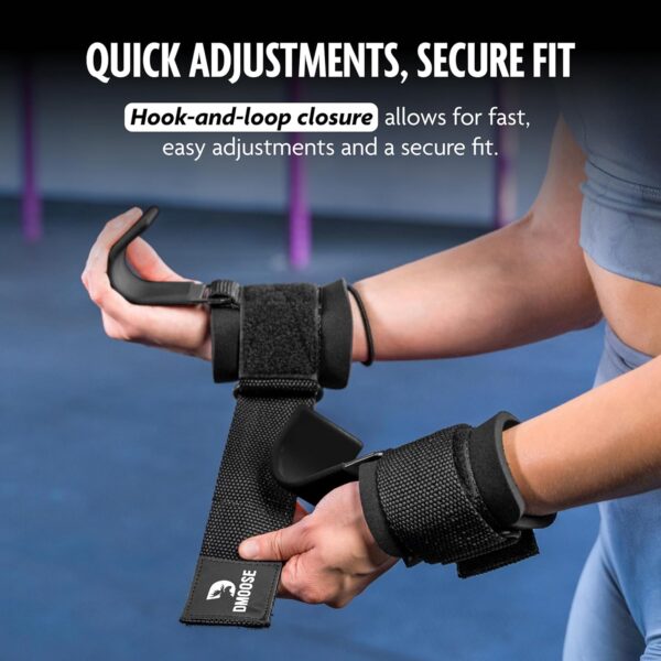 DMoose Fitness Weight Lifting Hooks for Men & Women (Pair) - 8 mm Thick Wrist Padding - Weight Grips for Powerlifting, Shrugs, Rows & Deadlift Support - Gym Lifting Straps with Pull Up Hooks - Image 5