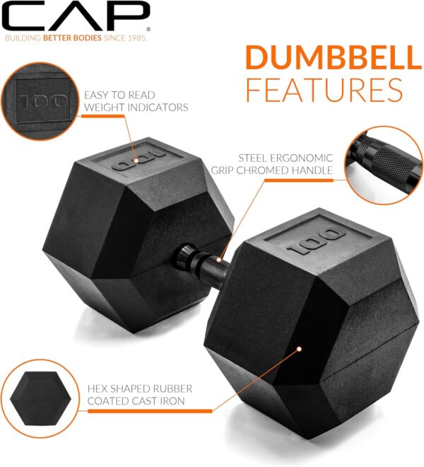 CAP Barbell 100 LB Coated Hex Dumbbell Weight with Black Handle - Image 3