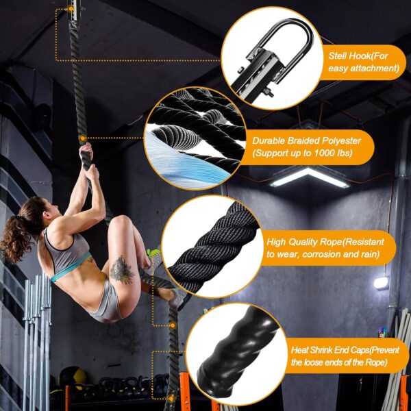 Climbing Rope 1.5 Inch Diameter 10/15 / 20/30 Feet Length Gym Climbing Rope for Workout Fitness & Strength Training, Gym Rope, Exercise Climbing Rope in Black for Adults Outdoor & Indoor - Image 2