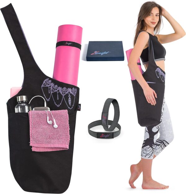 Yoga Mat Bag, Long Tote with Pockets for your Yoga Accessories, Yoga Bag with Bonus Yoga Mat Strap Elastics, Holds Most Pilates Mats