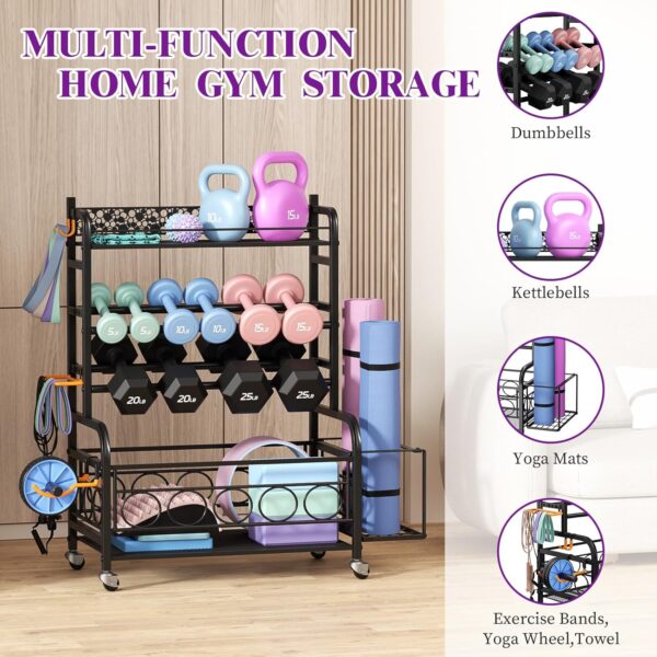 Weight Rack for Dumbbells, Dumbbell Rack Weight Stand, VOPEAK Home Gym Storage Rack for Yoga Mat Kettlebells and Strength Training Equipment, Weight Storage Holder Rack for Dumbbells with Wheels - Image 3