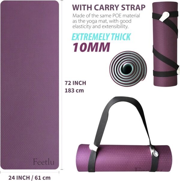 Yoga Mat with Strap – 10mm & 12mm Thick Yoga Mat, Non-Skid Dual Surface Workout Mat, Eco-Friendly POE Yoga Mats for Women Men Kids, Perfect Exercise Mat for Pilates, Yoga, and Floor Workouts, Includes Carrying Strap. - Image 2