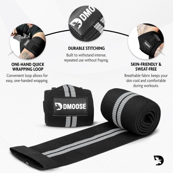 DMoose Fitness Elbow Wraps for Weightlifting (Pair) - 40'' Adjustable Elbow Strap for Gym Workout & Bench Press, Compression Elbow Wraps for Tendonitis & Joint Support, Elbow Sleeve Weightlifting Wrap - Image 4