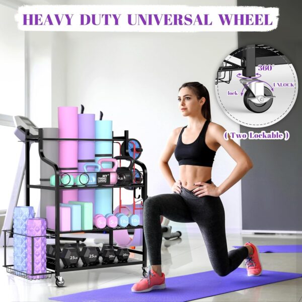 Mythinglogic Yoga Mat Storage Racks,Home Gym Storage Rack for Dumbbells Kettlebells Foam Roller, Yoga Strap and Resistance Bands, Workout Equipment Storage Organizer With Hooks and Wheels - Image 7