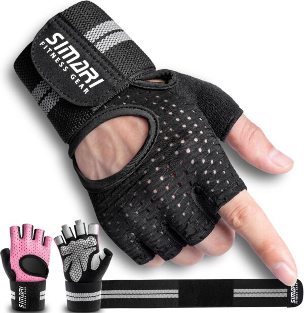 SIMARI Breathable Workout Gloves for Men Women, Padded Weight Lifting Gloves with Wrist Wraps Support, Full Palm Protection, Grip for Gym Training, Fitness, Weightlifting, Exercise Fingerless Black