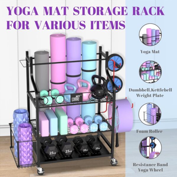 Mythinglogic Yoga Mat Storage Racks,Home Gym Storage Rack for Dumbbells Kettlebells Foam Roller, Yoga Strap and Resistance Bands, Workout Equipment Storage Organizer With Hooks and Wheels - Image 2