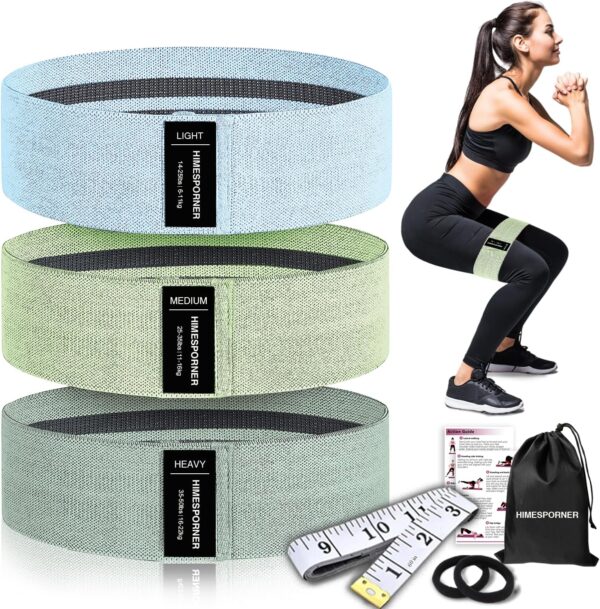 Wide Fabric Resistance Bands for Working Out, 3 Level Non-Slip Exercise Booty Bands for Women & Men Leg and Glutes with Hair Ties and Tape Measure - for Home Gym Workout, Yoga, Pilates