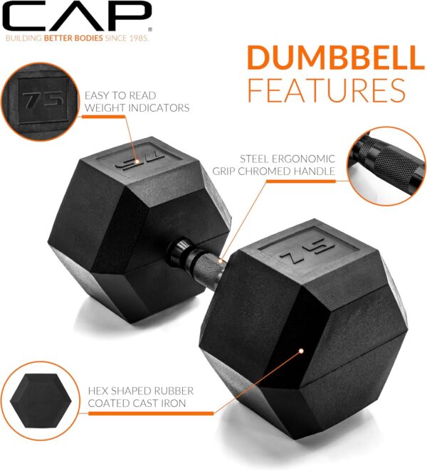 CAP Barbell 75 LB Coated Hex Dumbbell Weight with Black Handle - Image 3