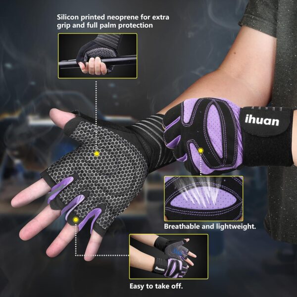 ihuan Ventilated Weight Lifting Gym Workout Gloves with Wrist Wrap Support for Men & Women, Full Palm Protection, for Weightlifting, Training, Fitness, Hanging, Pull ups - Image 2
