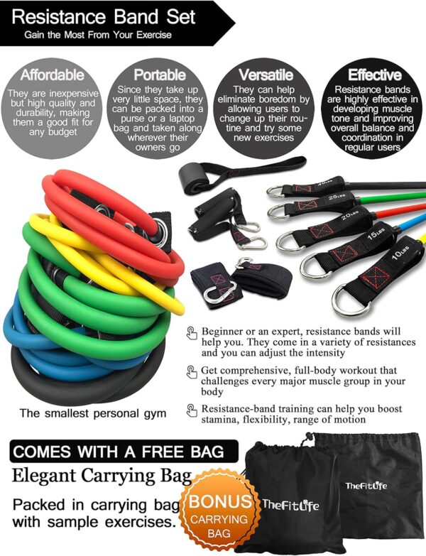 TheFitLife Exercise Resistance Bands with Handles - 5 Fitness Workout Bands Stackable up to 110/150/200/250/300 lbs, Training Tubes with Large Handles, Ankle Straps, Door Anchor, Carry Bag - Image 6