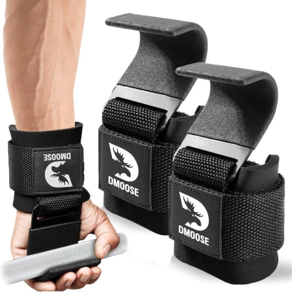 DMoose Fitness Weight Lifting Hooks for Men & Women (Pair) - 8 mm Thick Wrist Padding - Weight Grips for Powerlifting, Shrugs, Rows & Deadlift Support - Gym Lifting Straps with Pull Up Hooks