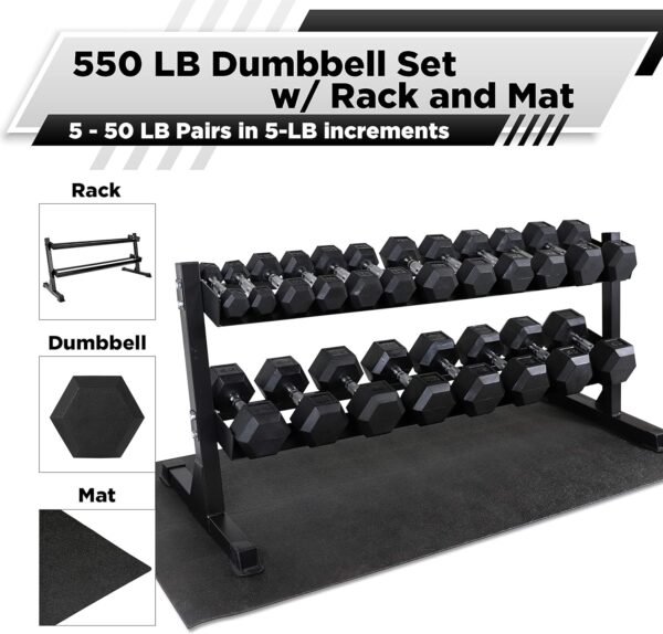 WF Athletic Supply Rubber Coated Hex Dumbbell Set, Multiple Choices Available - Dumbbells with Rack Stand and Mat, or Dumbbells Only (200/550/1200/2100/3000 LB) - Image 2