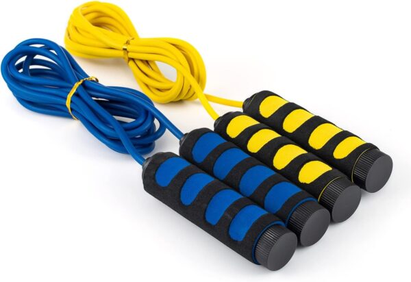 2-Pack Lightweight 9 Feet Adjustable Cable Kids Jump Rope with Anti-Slip Foam Grip Handles and Storage Bag BLUE & YELLOW